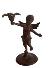 Taper Candleholder Bronze/Cast Metal Cherub Angel w/Flower 7-1/2 In Tall picture