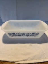 Glasbake Milk Glass Blue Herb Floral Pattern Loaf Pan 1.5 Quart J522 picture