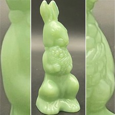 Mosser Jadeite Easter Basket Bunny Rabbit Figurine Paperweight Made in USA 5.5”t picture