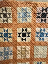 Antique Ohio Star Shirting Fabrics Hand Quilted 82” X 69” 19th C Quilt Signed picture