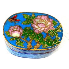 Vintage Chinese Cloisonne Trinket Box Blue Enamel Peony Butterfly Brass picture