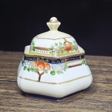 Nippon Hand Painted Covered Powder Jar Peaches Tree Floral Gold Trim Trinket picture