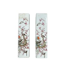 Pair White Porcelain Flower Birds Scenery Rectangular Display Paperweight GB347 picture