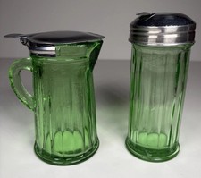 VTG Set Uranium Green Depression Glass Creamer & Sugar Set w/ Metal Lids picture