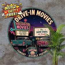 Drive-In Cinema Retro Theater Round Metal Sign Vintage Wall Decor Plaque 8x8 picture
