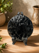 Black Obsidian Disc Round Sculpture Home Office Display Ornament,  Display Stand picture