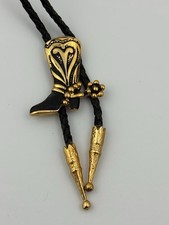 Vintage Bolo Tie Western Cowboy Southwest Boots Spurs Gold Tone Black picture