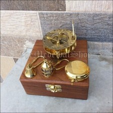 Antique Solid Brass Compass With Bell Key Chain With Brown Wooden Box Gift picture