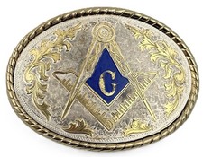 Vtg Masonic Belt Buckle Gold and Silver Tone Oval Cowboy Western Rope Etched picture