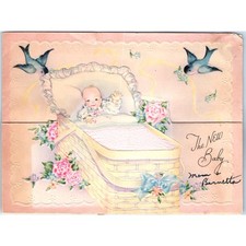 c1950s The New Baby Greeting Card Bassinet Blue Birds Roses Die Cut Skinner Vtg picture