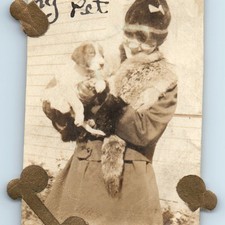 1919 Cute Woman Fur Coat Hat Holding Pet Puppy Dog Mini Snapshot Photo Adorable picture