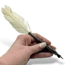 Antique Victorian DIP PEN Double Metal Hand Original White Feather 9” England picture