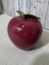 Vintage Red Alabaster Marble Stone Apple Brass Leaf Stem Paperweight Decor picture