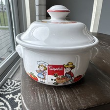 Vintage 1996 Campbell's Soup Farmer Chef Kids Crock Covered Soup Bowls with Lid picture