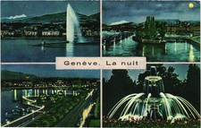 Genève La Nuit Switzerland Postcard - Jet d'Eau, Bridges, Fountains c.1950s picture
