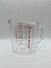 Vtg GLASBAKE 4-Cup/1-Quart Glass Measuring Cup Red Lettering, D Handle picture