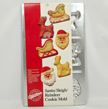 Vintage 1986 Wilton Christmas Cookie Mold Pan Santa Sleigh Reindeer Aluminum NOS picture