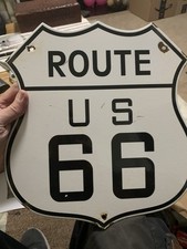 VINTAGE US U. S.  ROUTE 66 GASOLINE 13” PORCELAIN GAS HIGHWAY ROAD SIGN HEAVY picture