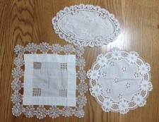 3 Vtg Crochet Embroidery Cotton/Linen Doilie Cream/Off White picture