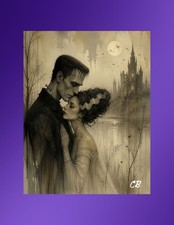 Frankenstein & Bride in Moonlight LIMITED EDITION ACEO Giclee | Numbered X/25 | picture