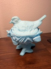 Westmoreland Robin Bird Dove Nest Footed Bowl/Candy Dish & Lid Blue Milk Glass picture