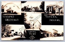 K55/ Topeka Indiana RPPC Postcard c1947 6View Main St Church Library 373 picture