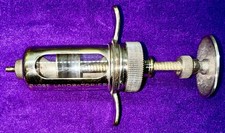 VINTAGE Chromed Brass & Glass 30cc Syringe GLOBE LABORATORIES FT. WORTH,  NICE  picture