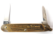 VINTAGE USA IMPERIAL LOCOMITIVE FOLDING POCKET KNIFE TRAIN TWO BLADES GOLD TONE picture