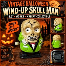 VTG Halloween Wind-Up Skull Man Toy 2.5” Creepy Green Suit Works Collectible picture