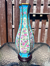 Vintage Chinese Hexagonal Cloisonné Enamel Floral Vase w/ Wood Stand picture