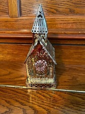 FWC Metal Filigree CHURCH Tea Light Candle Holder Lacy Vintage 7.5in Gold Plated picture