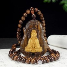 8mm*108 Natural Wood Bead Kwan-yin Bodhisattva Carving Pendant Blessing Necklace picture