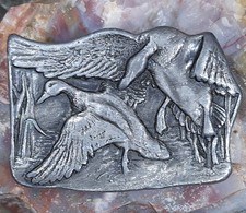 1977 Vintage Bergamot Brass Works Flying Ducks Pewter Tone Belt Buckle picture