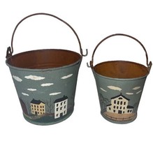 Cute Vintage Miniature Metal Buckets W Houses Hand-Painted picture