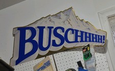 Vintage Busch Beer BUSCHHHH Snowy Mountains Embossed Metal Sign 34” Long 1990 picture