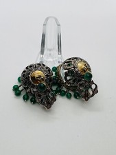 25g 925 VERMEIL JADE GLASS CROWN TWO TONE CHANDELIER EARRINGS GORGEOUS picture