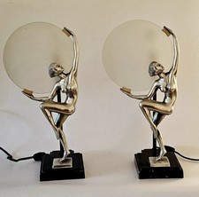 MCM ART-DECO 1984 PAIR NUDE Lady Frankart Style Lamps BY MANN SILVER  picture