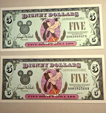 One 1993 & One 1998 $5 Disney Dollar Goofy Series AA Uncirculated-Used Envelope picture