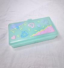 Vintage Orig 80s Sanrio Novelty Heart Pencil Box Case Organizer Teal Green 1989 picture