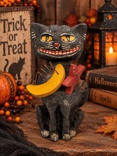 Primitive Halloween Black Cat Moon Figurine Folk Art Distressed Decor Chunky Vtg picture