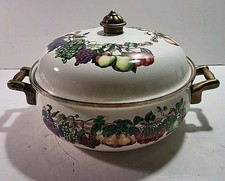 Vintage Orchard Royale Dutch Oven Enamel Pot with Lid Brass Handles | Fruit picture