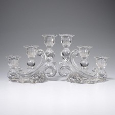 Cambridge Rose Point 3 Light Tiered Etched Candlesticks Pair 6.25