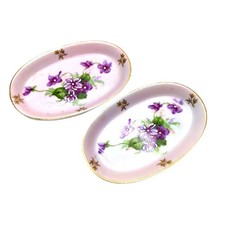Pair Lefton Hand Painted Trinket Dish Purple Violets Jewelry Holder Red Crown picture