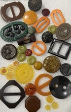 Lot 40 Vintage Bakelite Buttons Buckles Chunky Colorful Tested Butterscotch picture