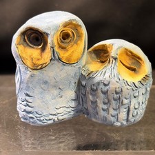 Vintage Handcrafted Studio Pottery Double Owl Figurine Blue Ochre 1971 4 Inch picture