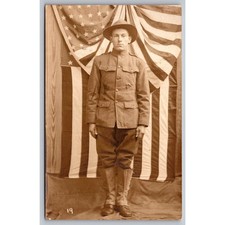 WWI US Soldier RPPC Antique Real Photo Postcard American Flag Backdrop picture