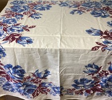Vintage Startex Starmont 1940S 50S 60S Tablecloth White Blue burgundy Floral ￼ picture