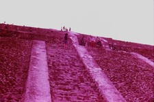 c1980's 35mm Slide, People Climbing Stone Pyramid, Magenta Cast monument ruins picture