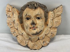 Vtg Carved Wood Polychrome Putti Cherub Angel Head Wall Plaque Shabby Chic Chipp picture