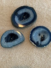 Stunning Set Of 3 Blue Agate Geode Crystal Dishes-Polished Druzy Agate Bowls picture